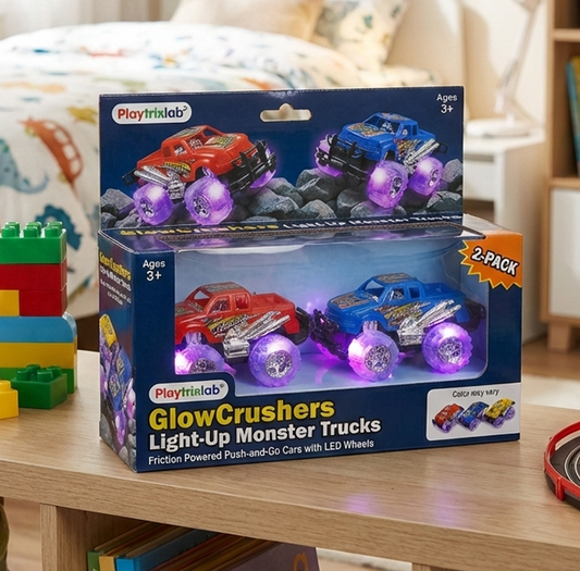 Playtrixlab® GlowCrushers Light-Up Monster Trucks🛞Friction Powered Push-and-Go Cars with LED Wheels | Ages 3+