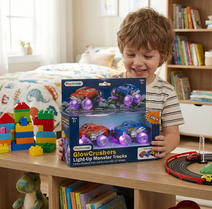 Playtrixlab® GlowCrushers Light-Up Monster Trucks🛞Friction Powered Push-and-Go Cars with LED Wheels | Ages 3+