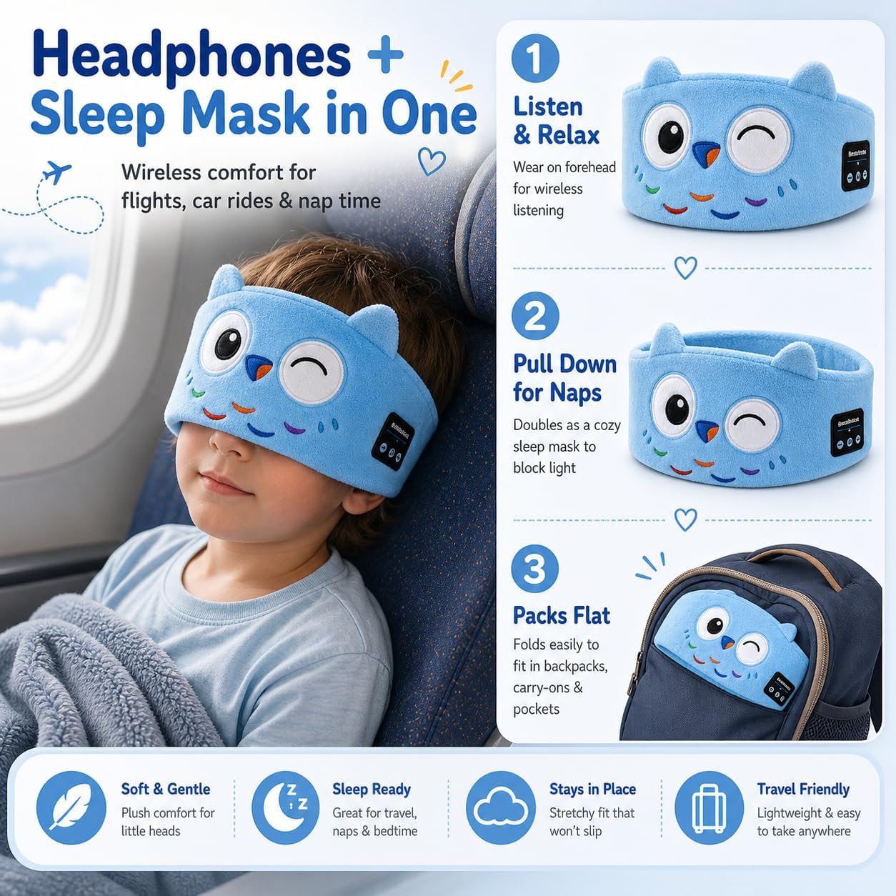 Playtrixlab® OwlNite Kids 2-in-1 Sleep Mask & Headband