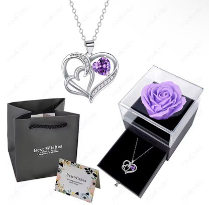 Playtrixlab® Heart Pendant Necklace & Rose Gift Box Set – Romantic Gift for Her 🌹Rose + Gift Bag + Card