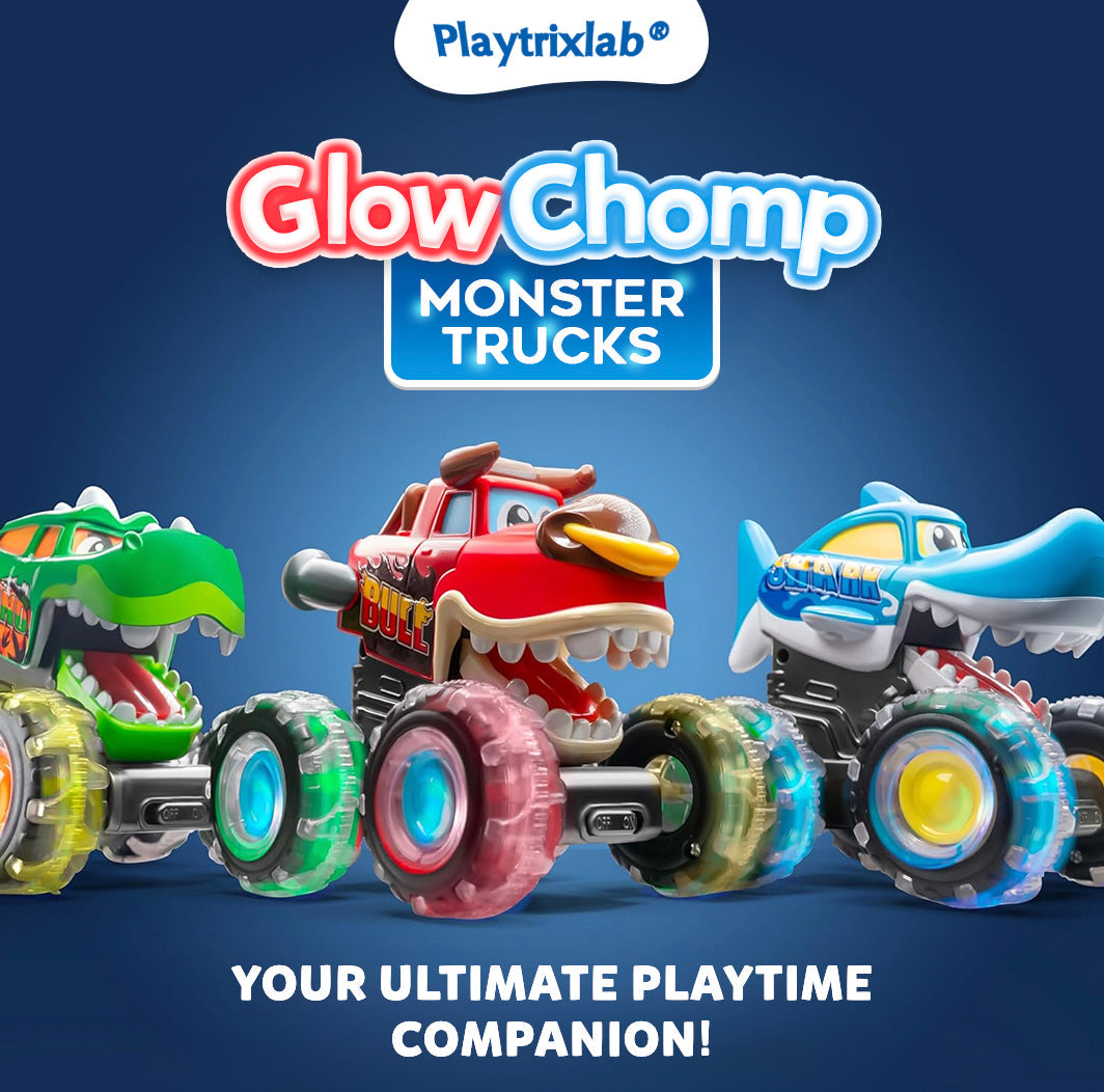Playtrixlab® Glow-Chomp Monster Trucks: Press-and-Go Light Up Toy Cars
