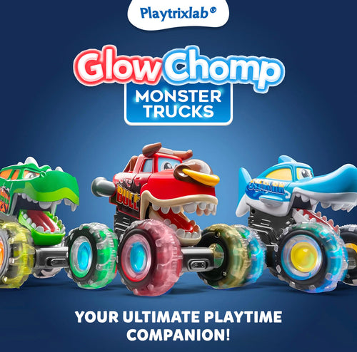 Playtrixlab® Glow-Chomp Monster Trucks: Press-and-Go Light Up Toy Cars