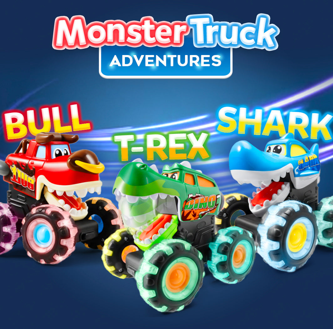 Playtrixlab® Glow-Chomp Monster Trucks: Press-and-Go Light Up Toy Cars