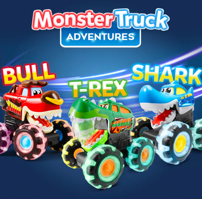 Playtrixlab® Glow-Chomp Monster Trucks: Press-and-Go Light Up Toy Cars