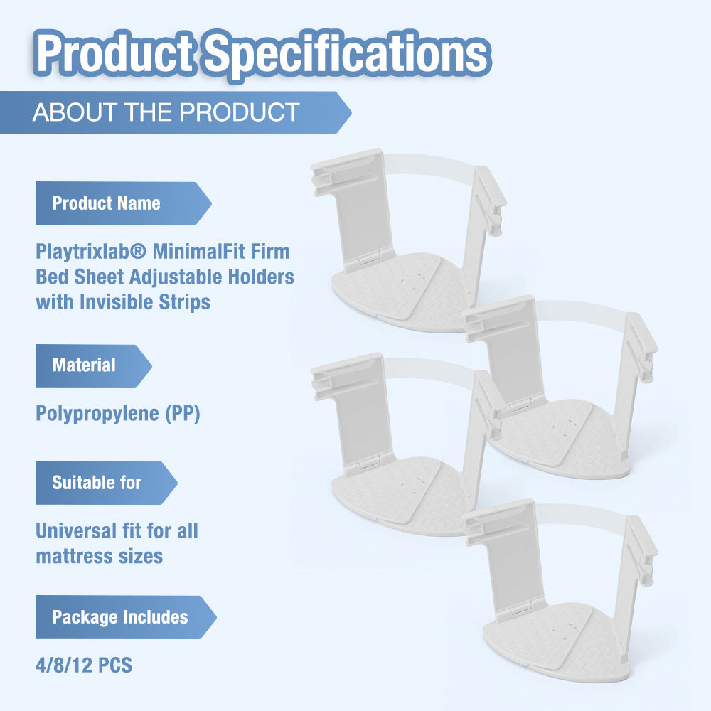 Playtrixlab® MinimalFit Firm Bed Sheet Adjustable Holders with Invisible Strips
