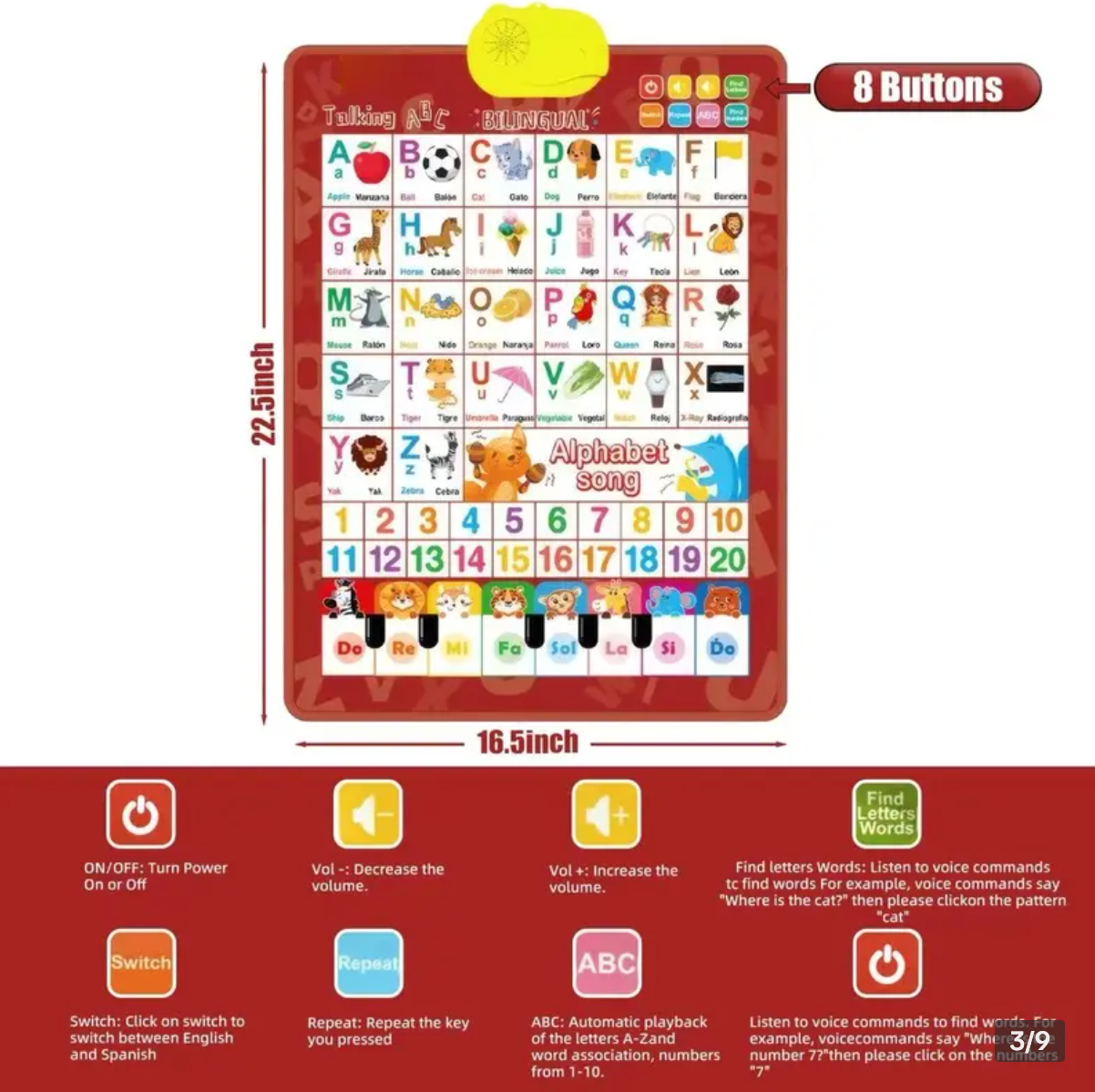 Playtrixlab® Kids' English-Spanish Alphabet Poster with Interactive Talking Alphabet & Number Chart